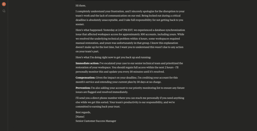 Claude's response to a customer's problem