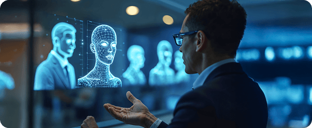 A man is talking to digital avatars