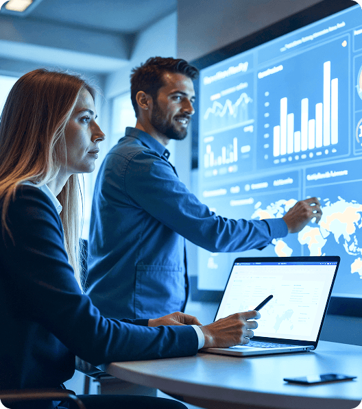a man and woman discussing statistics on big monitors