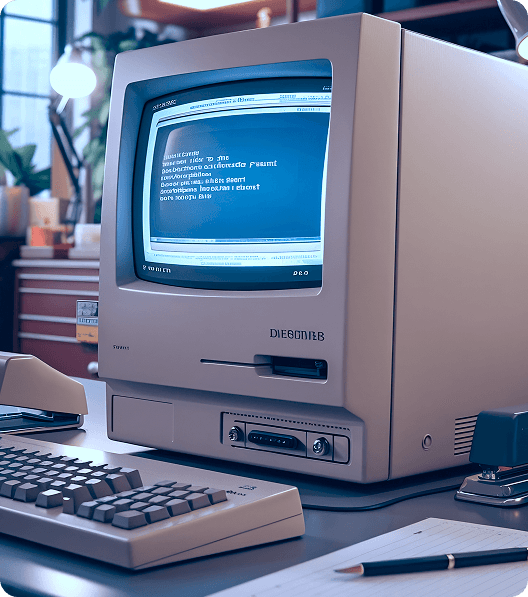 an old style computer and a pen
