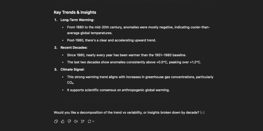 ChatGPt's answer to analyzing global temperature trends
