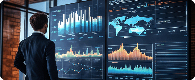 A man is analyzing statistics charts on big monitors