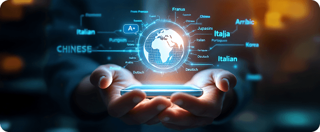 Hands and a mobile phone with translations