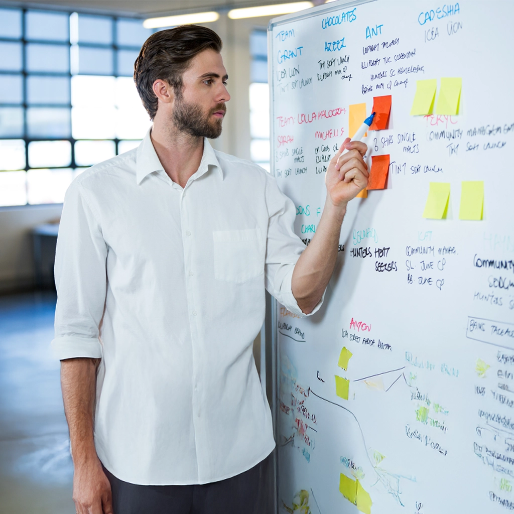 A man standing next to the board and making a plan how to scale his software dev team