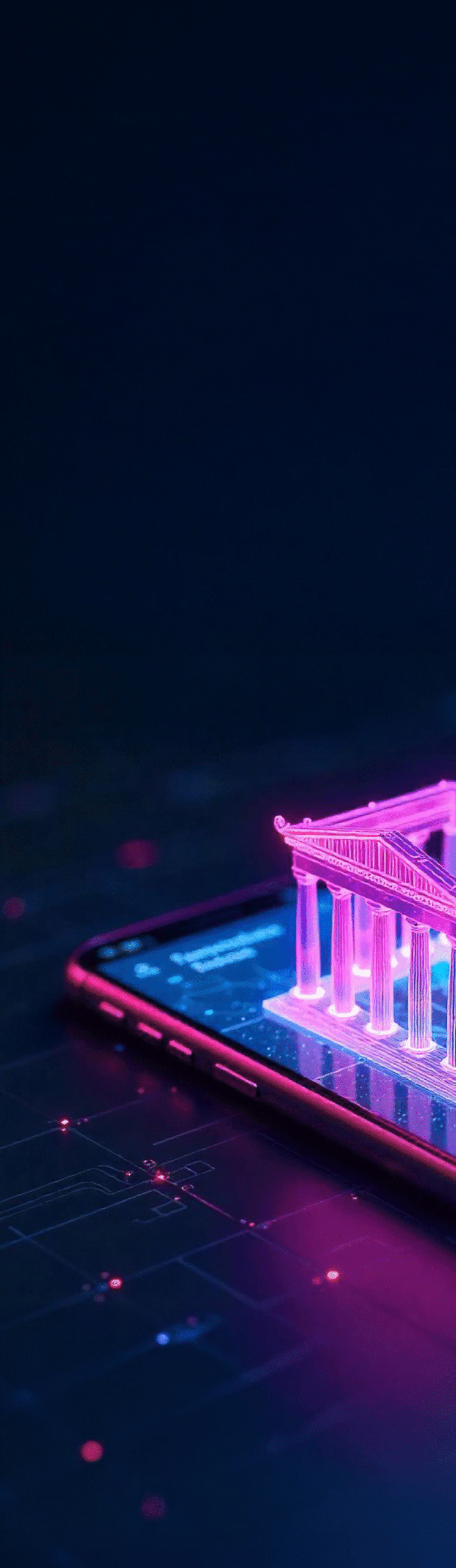 device with holographic building vertical background