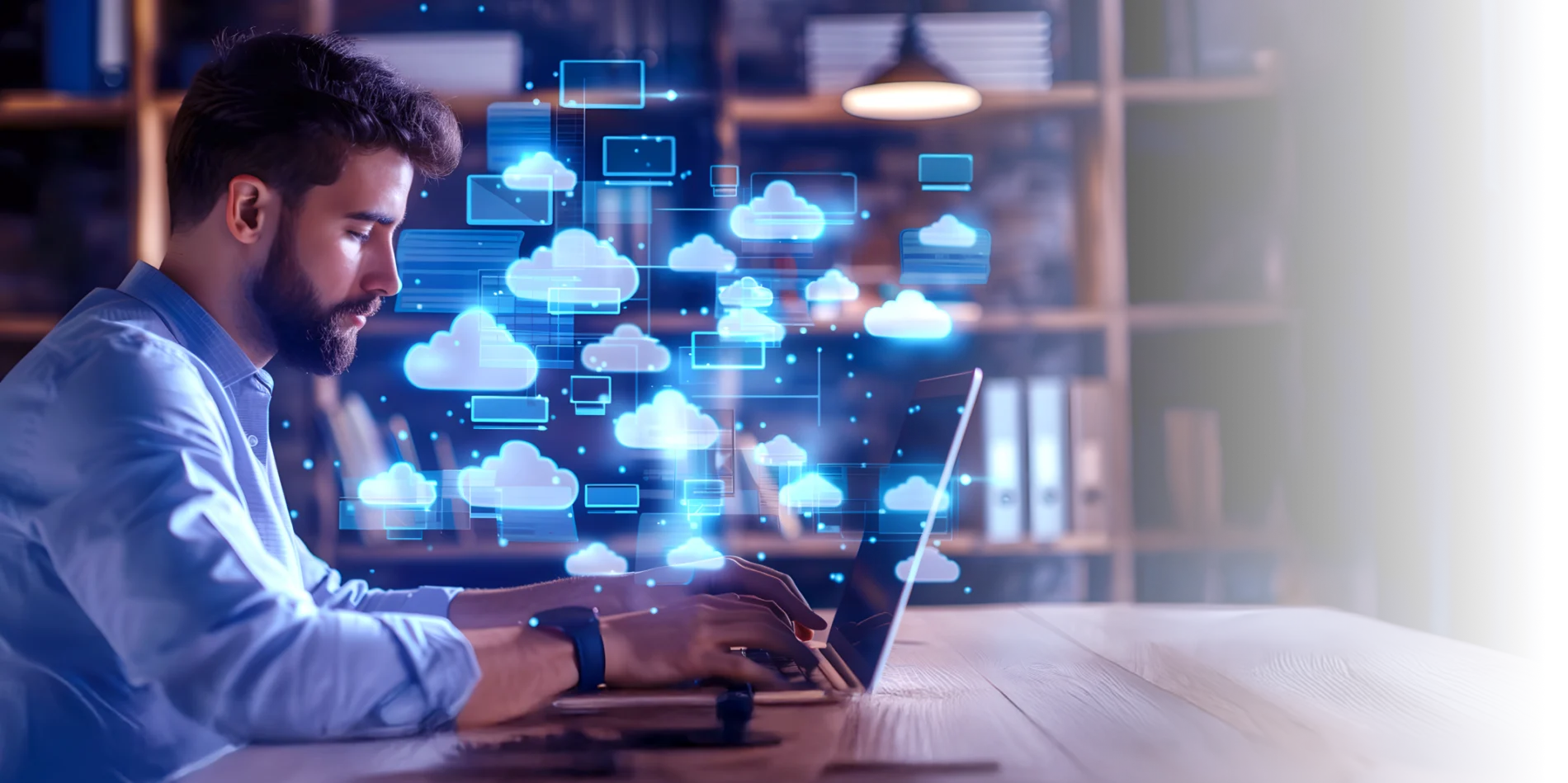a man sitting in from of the computer screen and doing monolith and microservices Migration