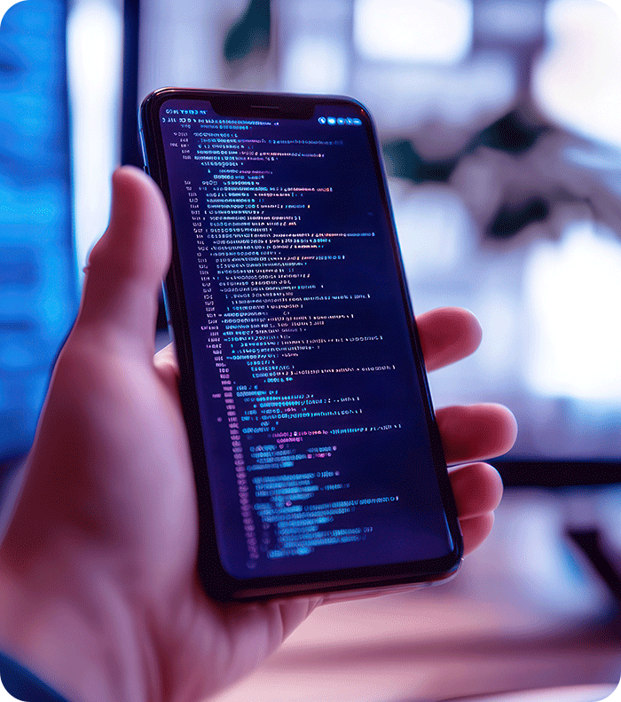 person holding a phone with code