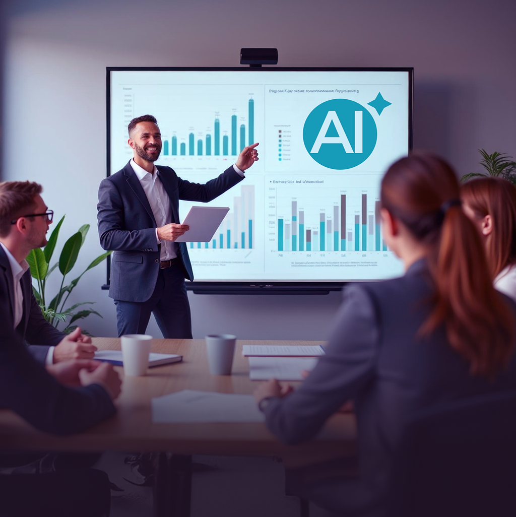 A man presenting the benefits of agentic AI in finance