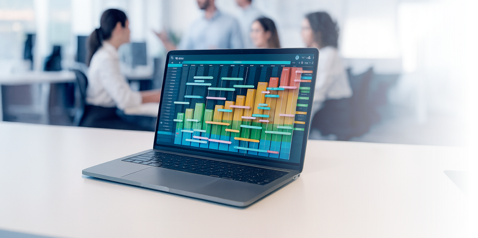 gantt chart showing growth displayed on laptop screen
