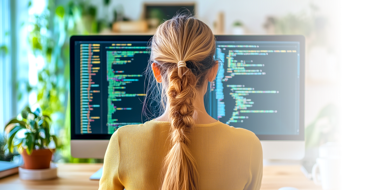 Woman working in front of a big computer screen
