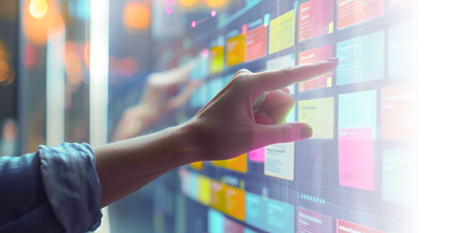 person reaching to a screen covered in sticky notes