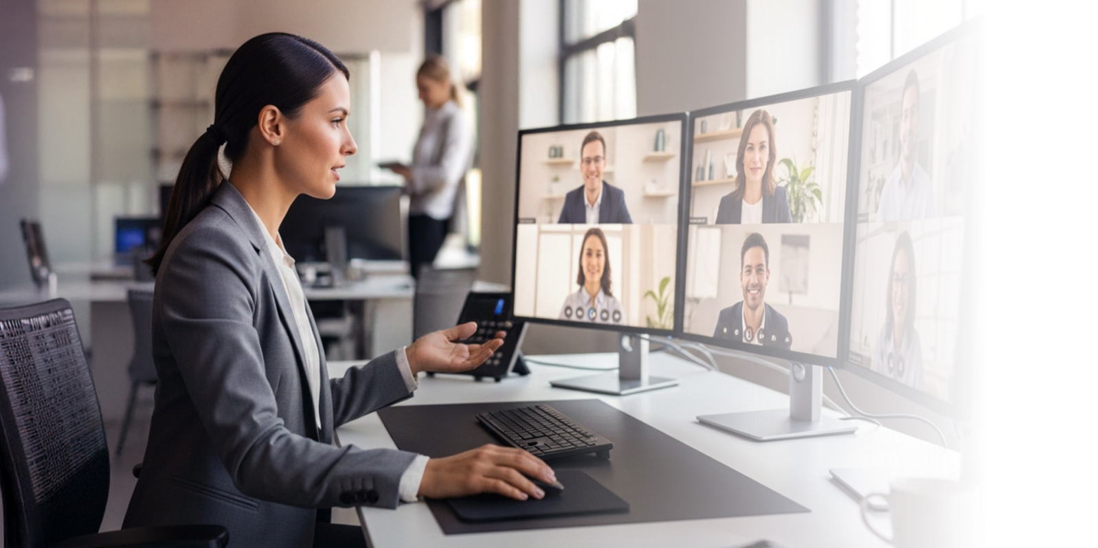 female developer on daily sync with collegues