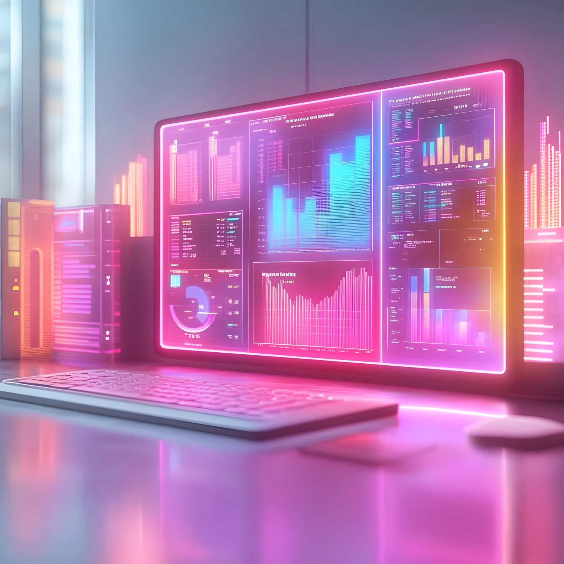 A computer with colorful statistics information