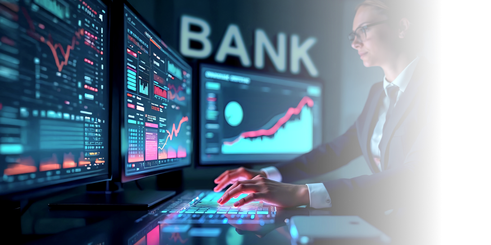 Female engineer working in front of multiple computer screens