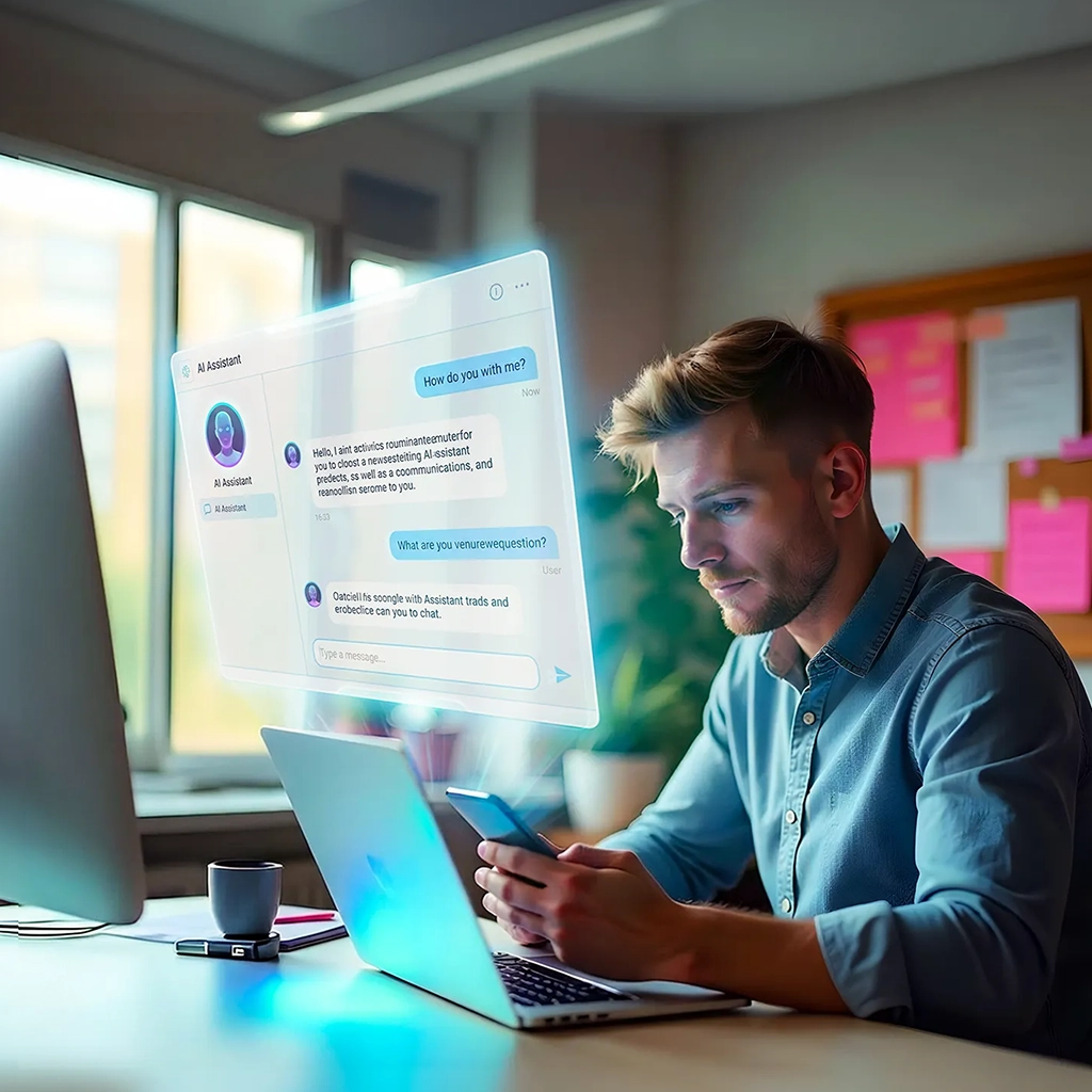 A man sitting in front of a laptop developing an AI chatbot
