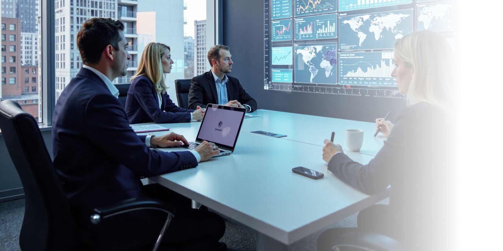 Enterprise leaders sitting in a conference room and discussing which option is better: RAG or fine-tuning
