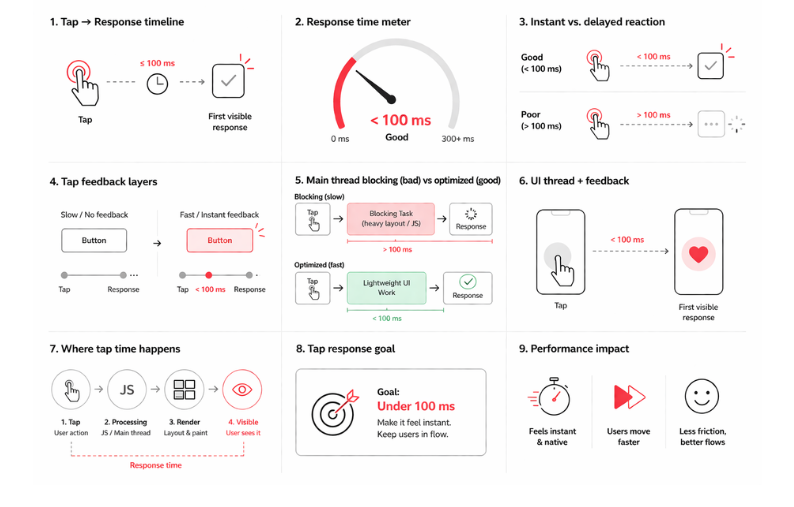 Infographic explaining tap response time, showing that visible feedback under 100 ms feels instant and improves user flow.