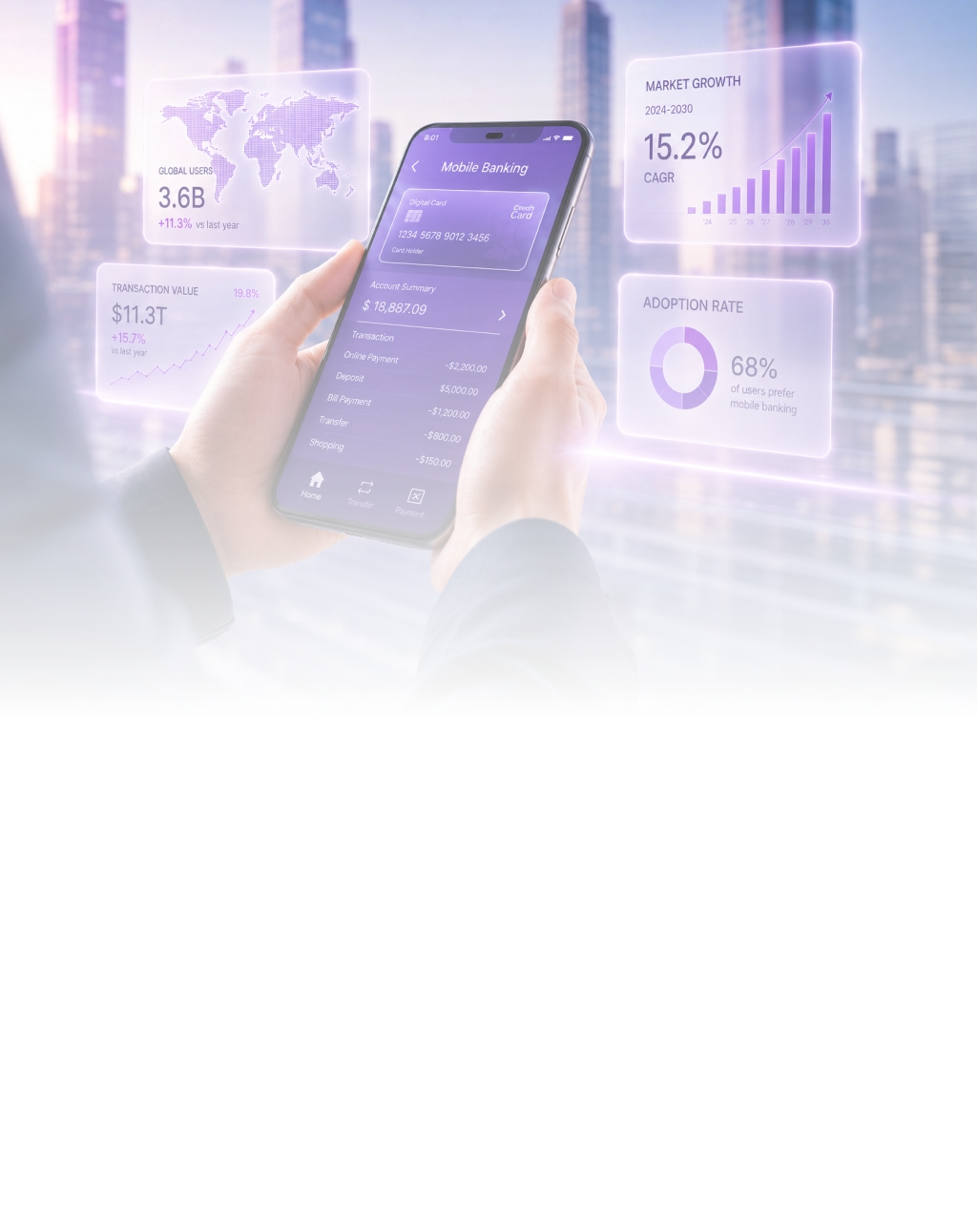 hands holding a smartphone with opened mobile banking app and overlaid statistics