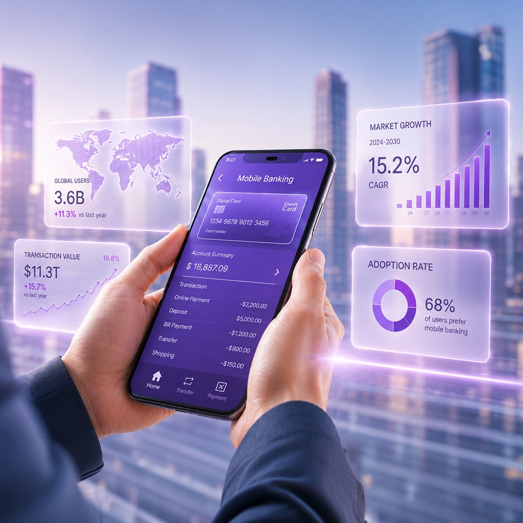 banking app interface surrounded by live industry data