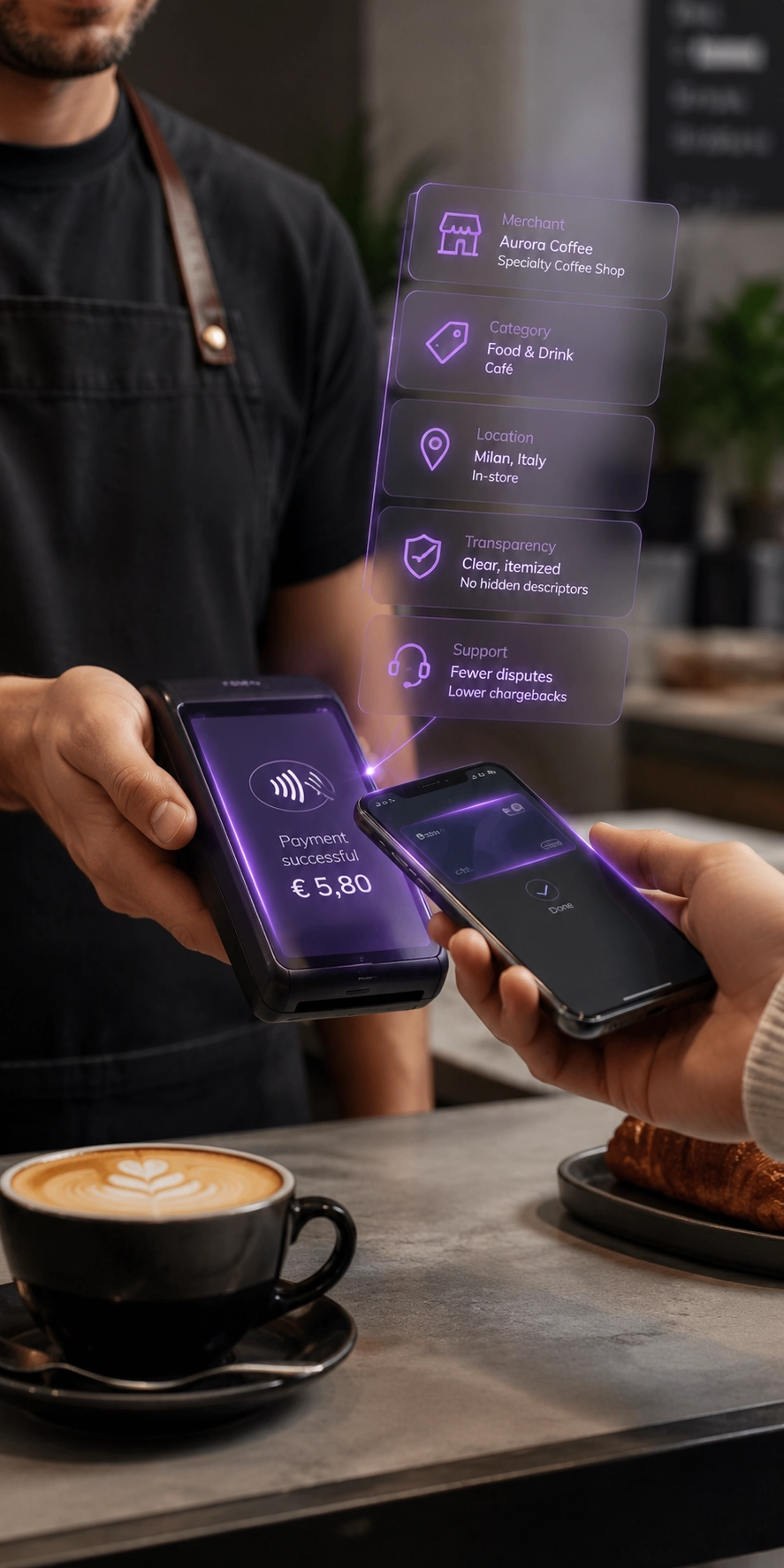 Customer making contactless payment beside purple transaction information overlays