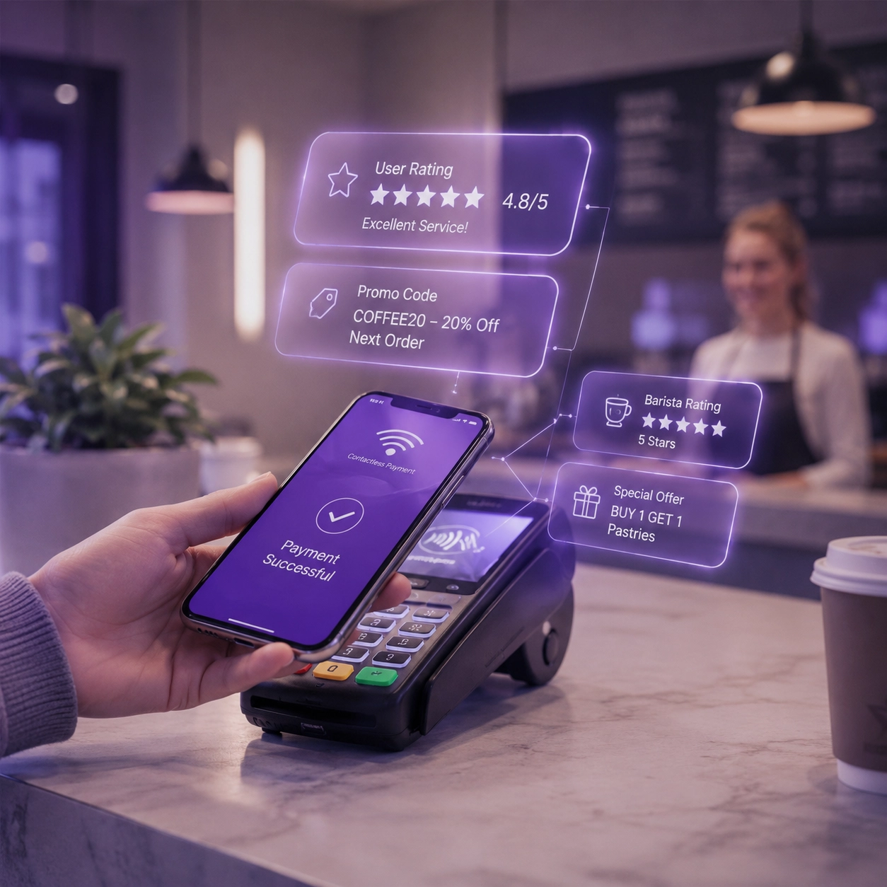 Contactless café payment with purple transaction enrichment information overlays