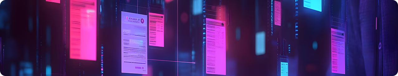 Glowing pink and blue neon lights over floating digital documents