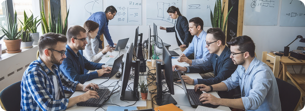 A team of developers working on insurance software in an open office