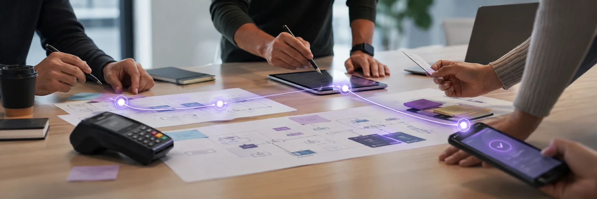 Team mapping payment integration flow across devices and diagrams