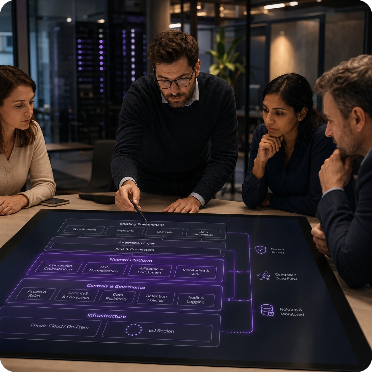 Banking team reviewing secure deployment architecture around existing systems