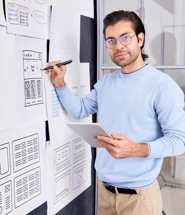 Man with glasses holding a tablet while drawing wireframe sketches on a whiteboard