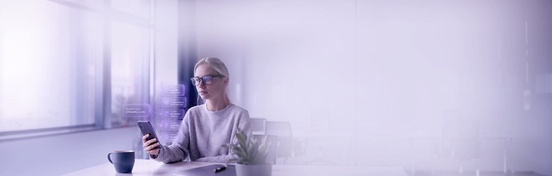 Woman reviewing smartphone as raw transaction data becomes enriched