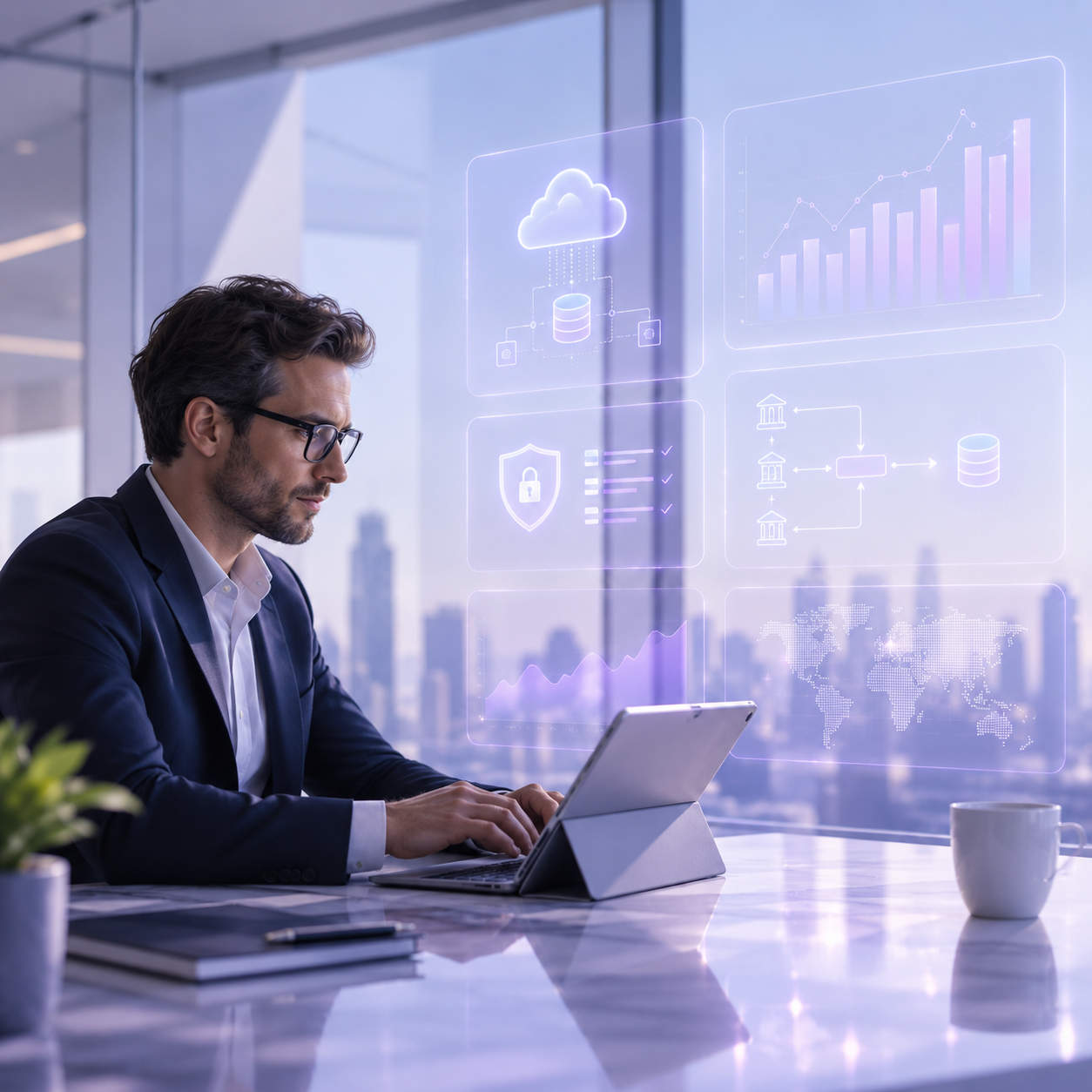 Banking professional reviewing cloud data, security, and analytics dashboards