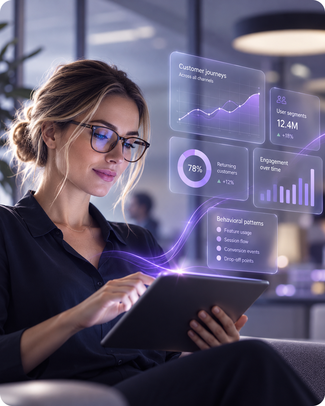 Analyst reviewing customer journey analytics on a tablet