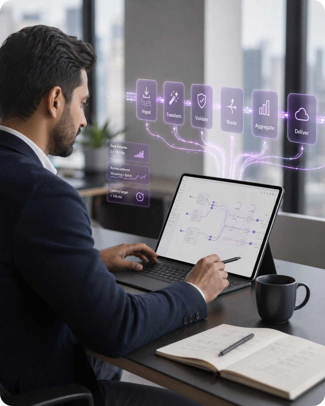 Analyst reviewing cybersecurity and data systems on desktop monitor