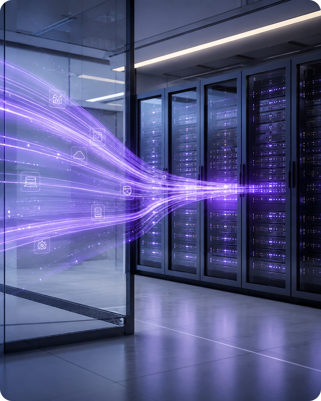 Purple data streams flowing into enterprise server infrastructure