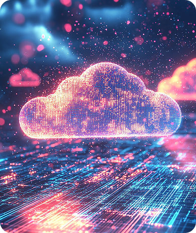 A glowing cloud made of digital particles hovering above a networked grid of illuminated data lines and nodes.