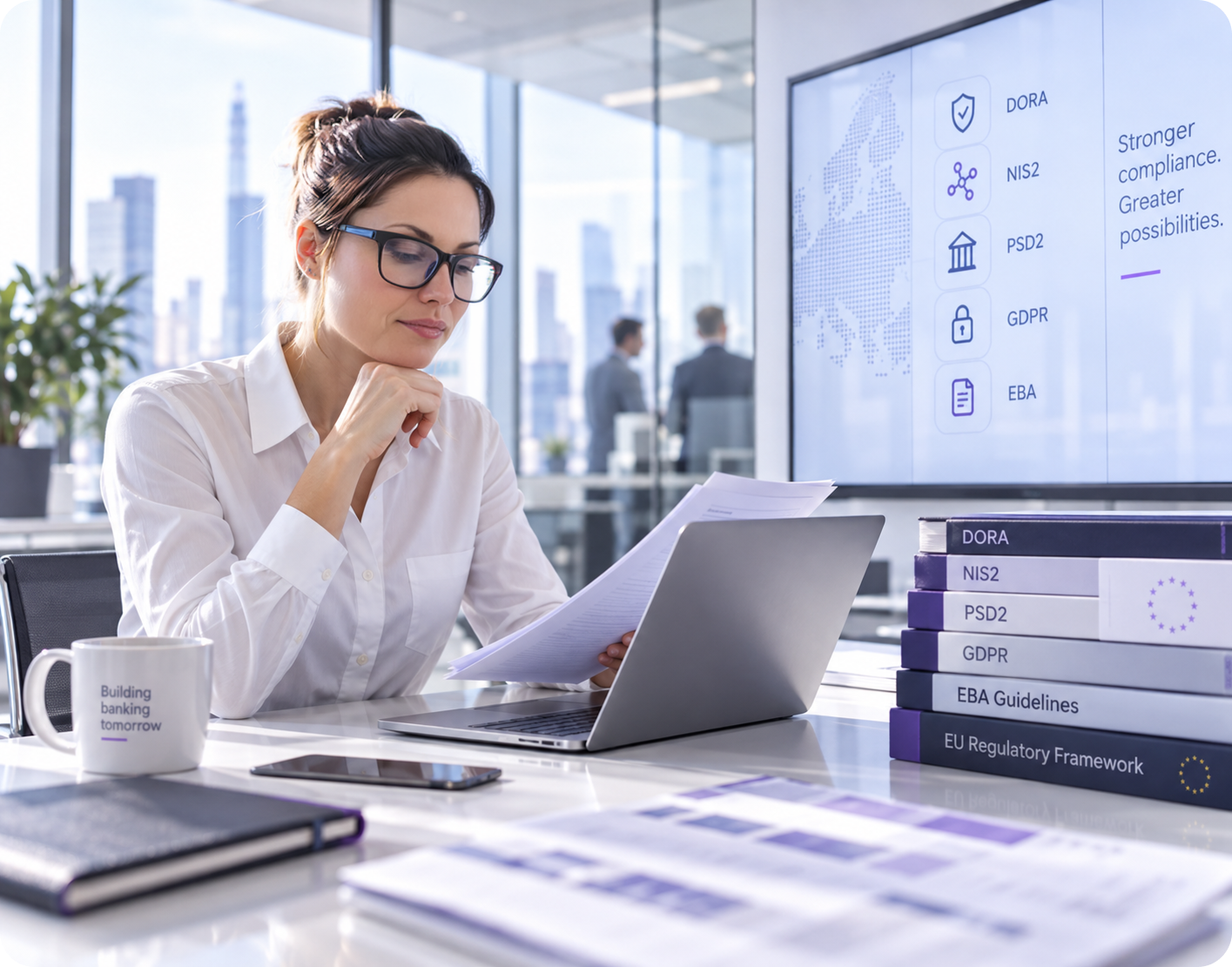 Compliance specialist reviewing EU banking regulations and governance documents