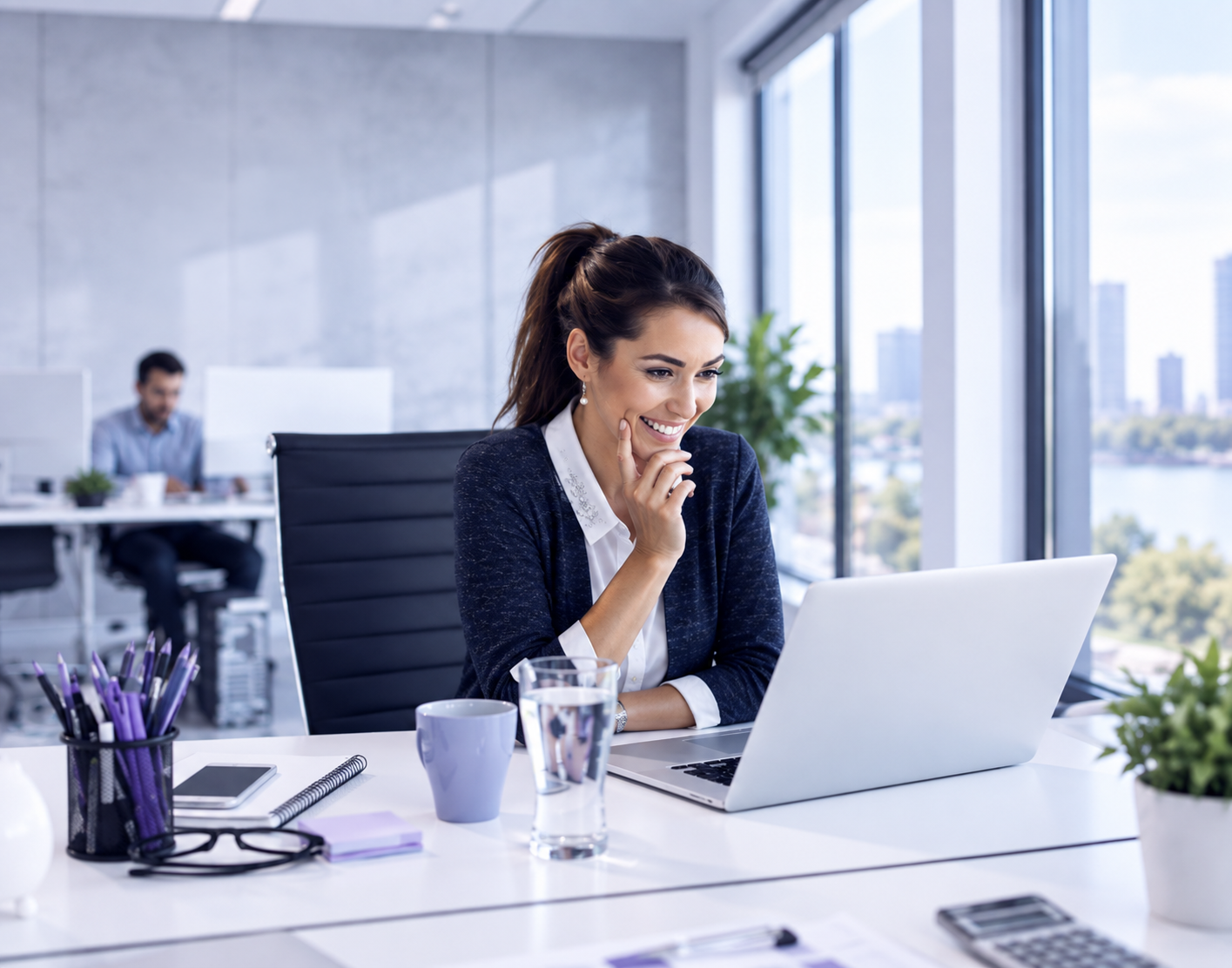 Smiling female banking consultant sitting at a desk with a laptop and smartphone during a client consultation call