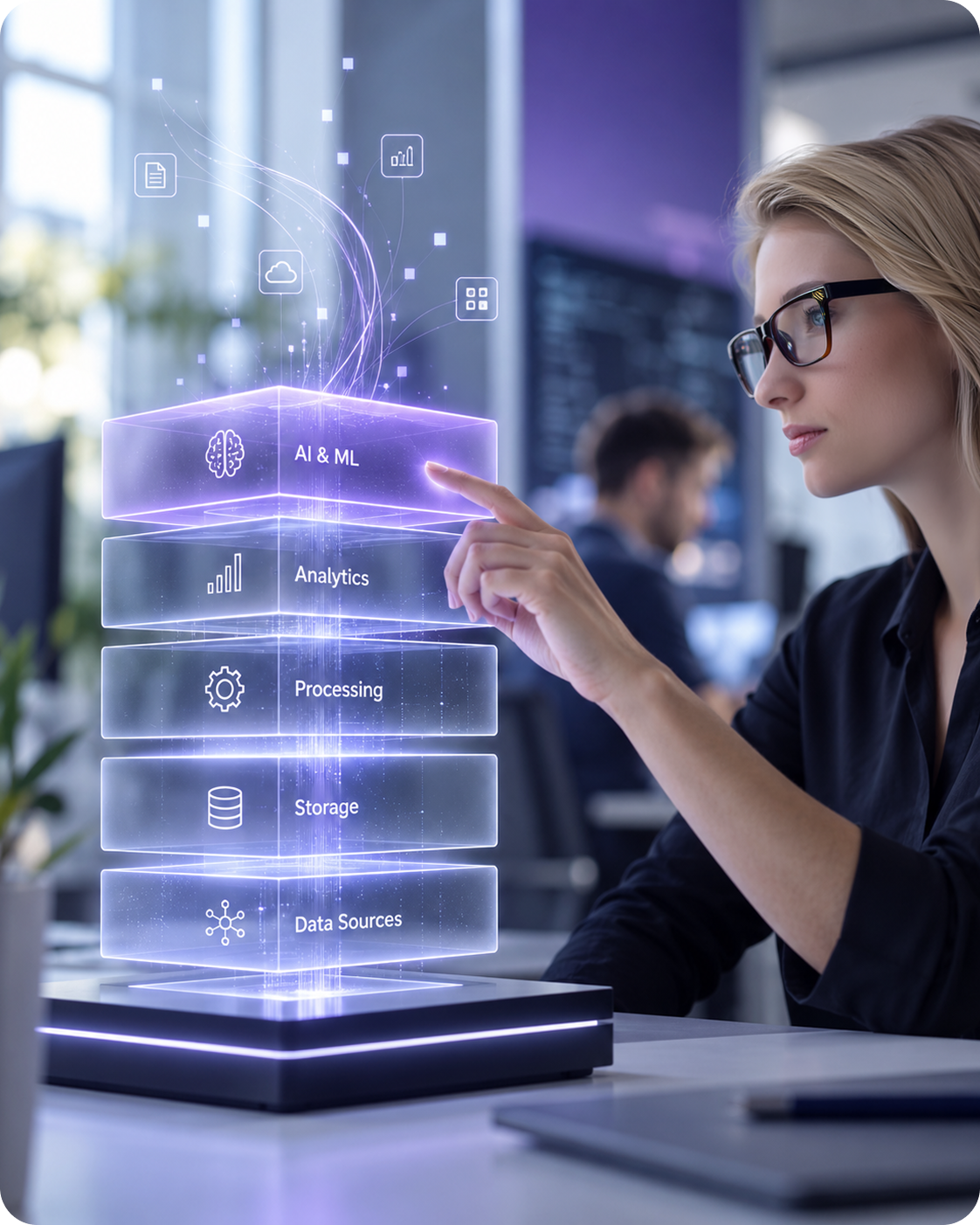 Woman interacting with holographic layers of an enterprise data platform