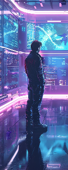 IT professional standing in a high-tech data center looking at glowing futuristic server screens