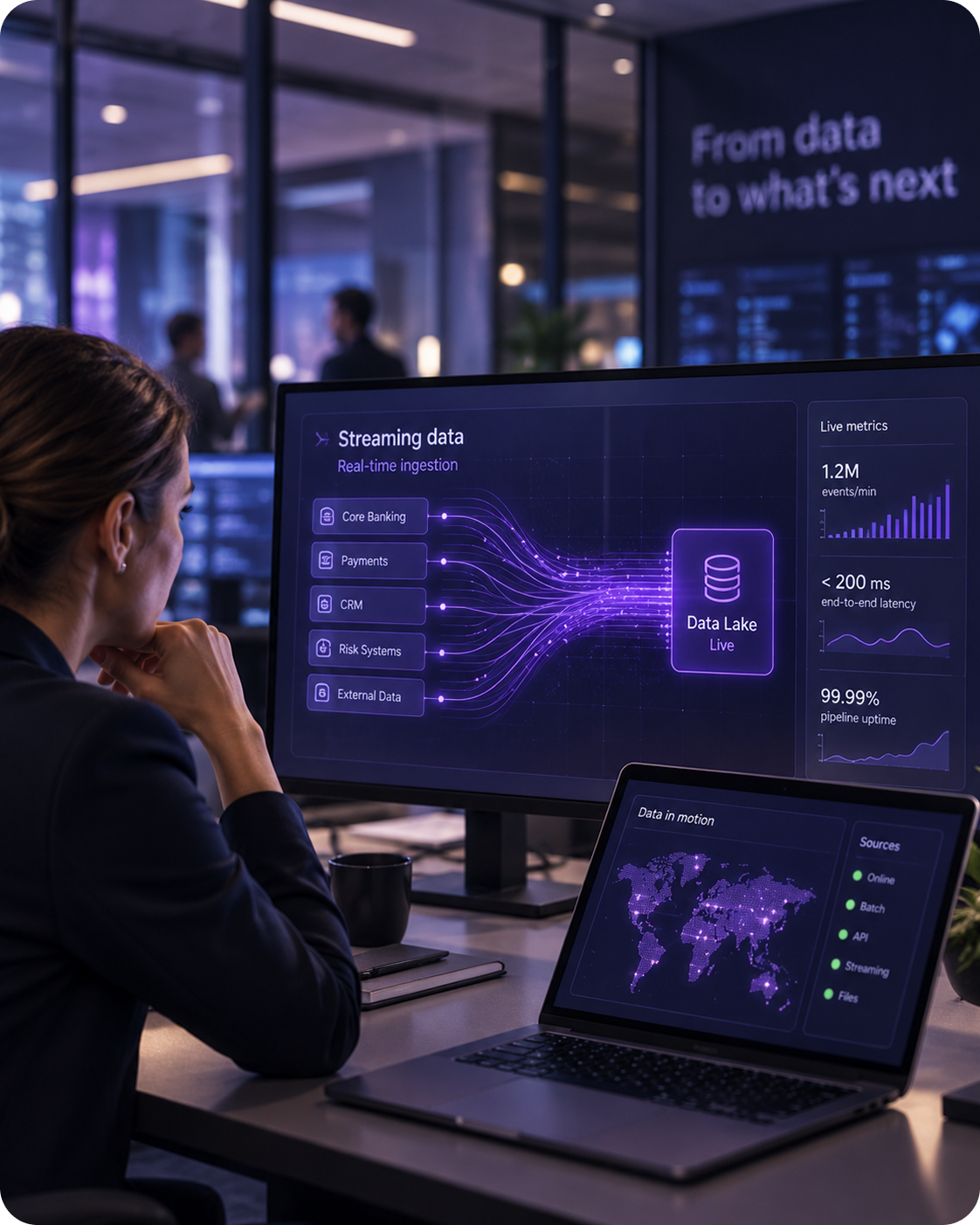 Analyst monitoring real-time banking data streaming into a data lake