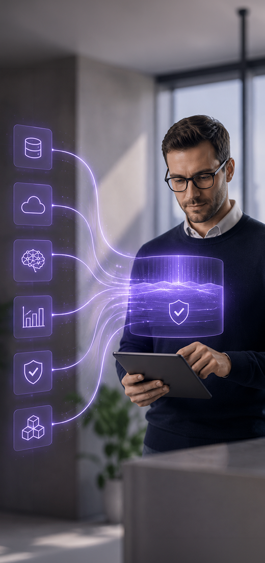 Professional managing secure data integrations on a tablet