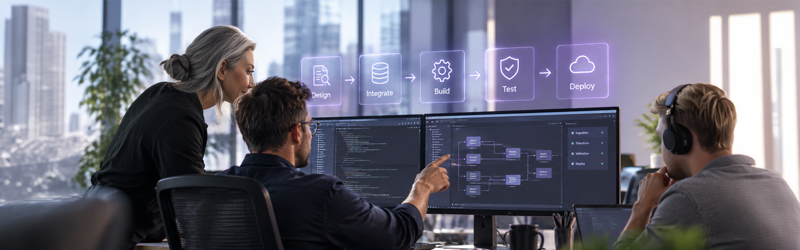 Development team reviewing a banking data pipeline workflow