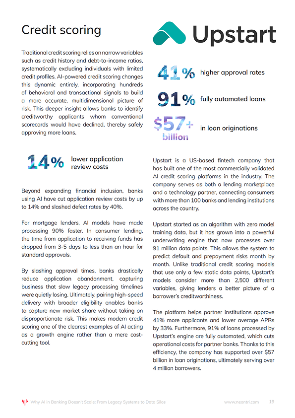 Overview of how AI is used in credit scoring, followed by an Upstart case study highlighting improved approval rates and lower lending costs.