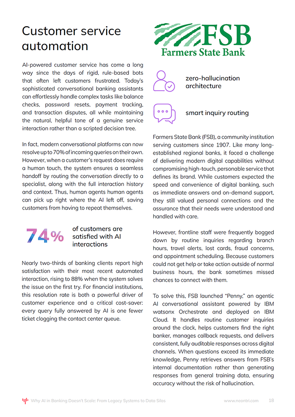 AI customer service automation, illustrated with a Farmers State Bank case study on chatbot capabilities and customer satisfaction.