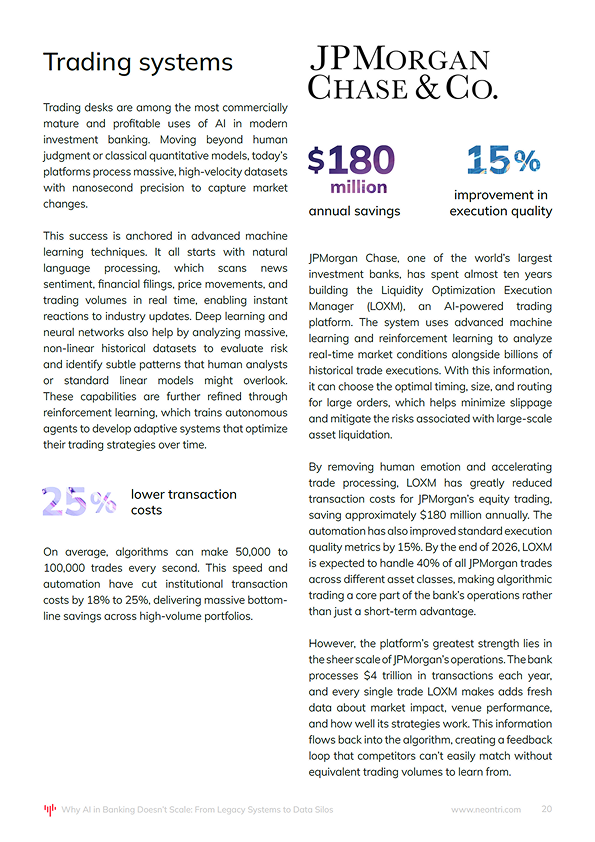 AI trading systems and their role in improving execution speed and reducing transaction costs, illustrated with a JPMorgan case study highlighting $180 million in annual savings and a 15% improvement in execution quality.